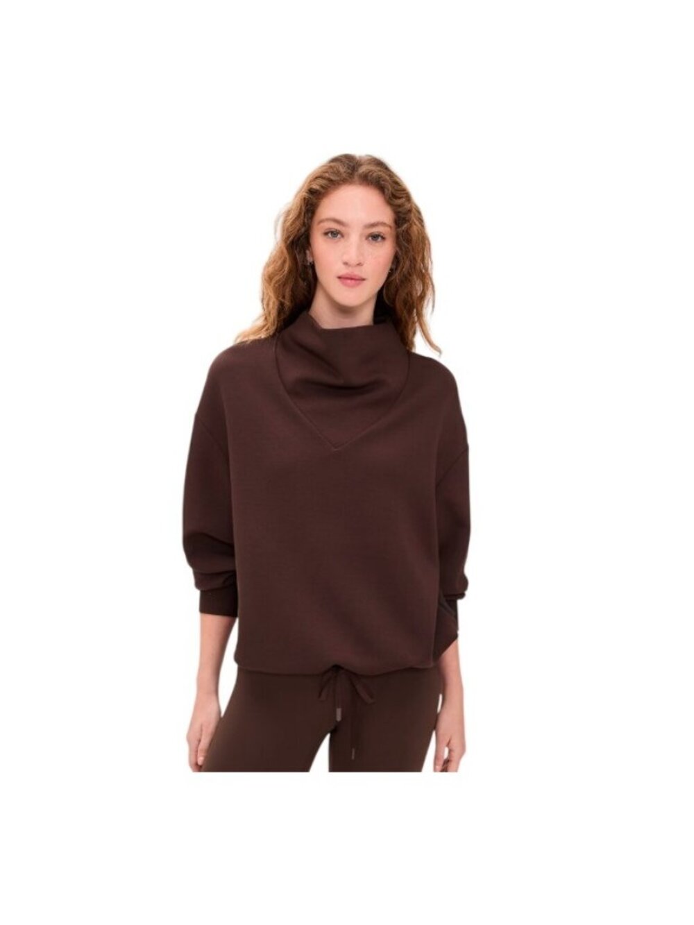 Varley Betsy Sweatshirt Women L Coffee Bean Cowl Neck Drawstring Hem Double Soft